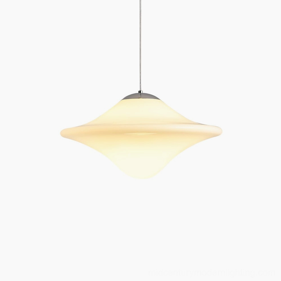 Skye Flyer white and chrome pendant lamp shown with product dimensions and fixture configuration