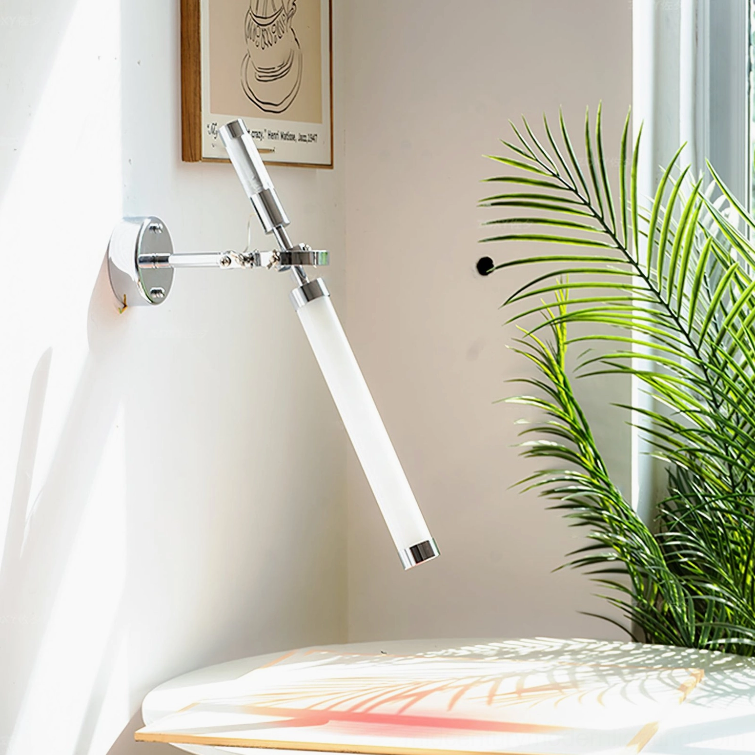 Mid-century modern swing arm wall sconce with frosted glass in styled living space