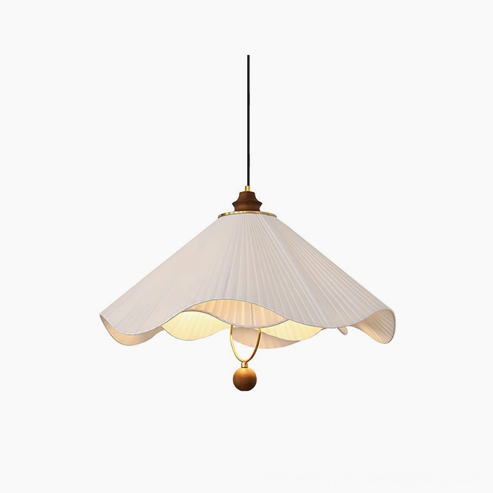 Sloane pendant lamp with pleated fabric shade walnut wood finial and metal hardware detail showing mid-century modern craftsmanship