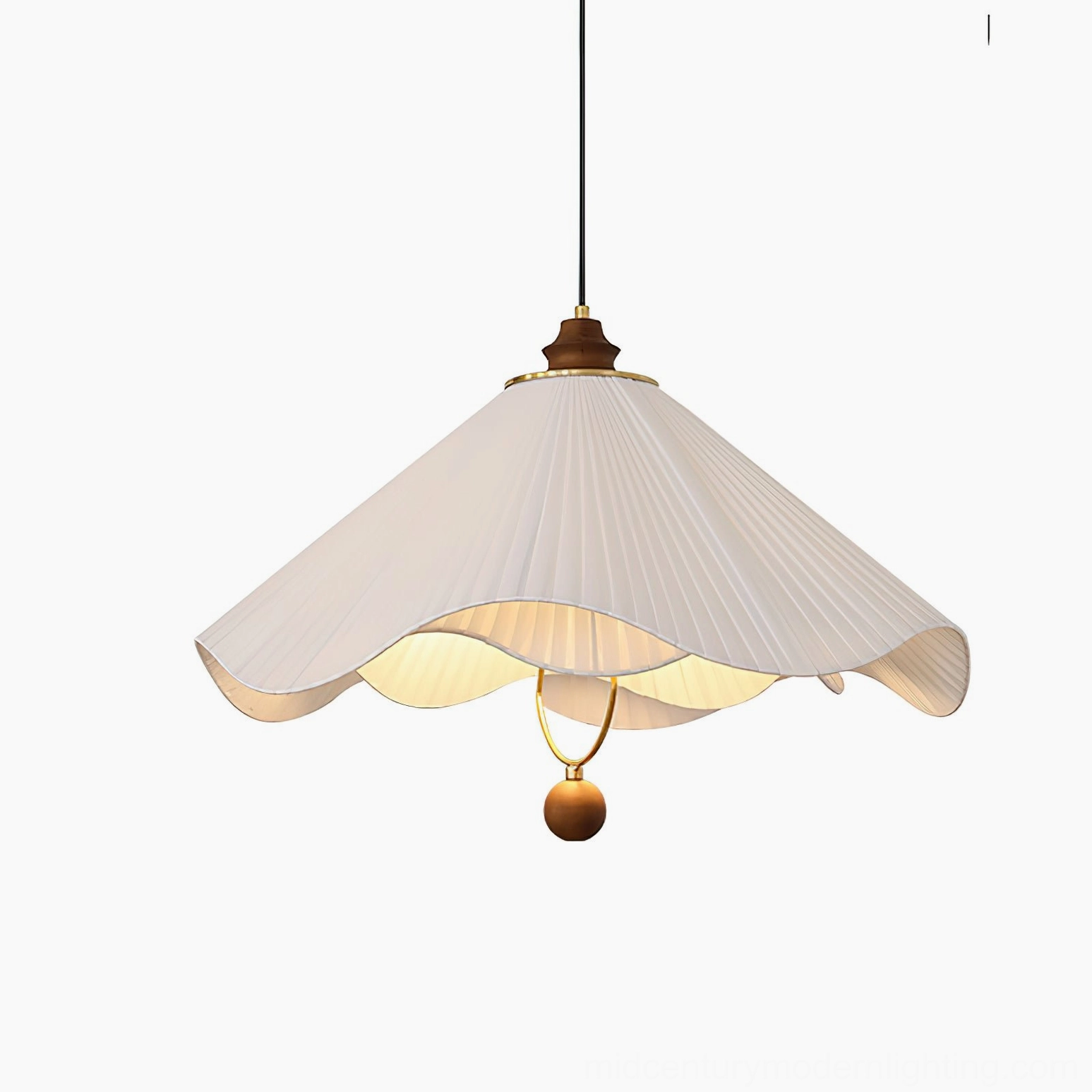 Sloane mid-century modern pleated fabric pendant light full product view showcasing elegant scalloped shade design and walnut wood accents