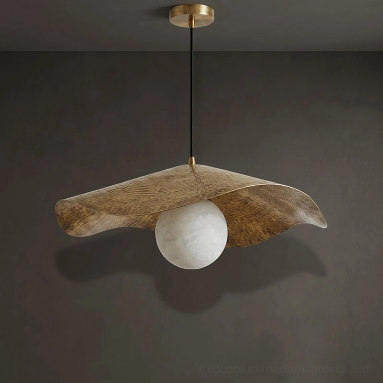 Sylvune small 19.7-inch alabaster pendant light, compact organic modern brass shade white stone globe