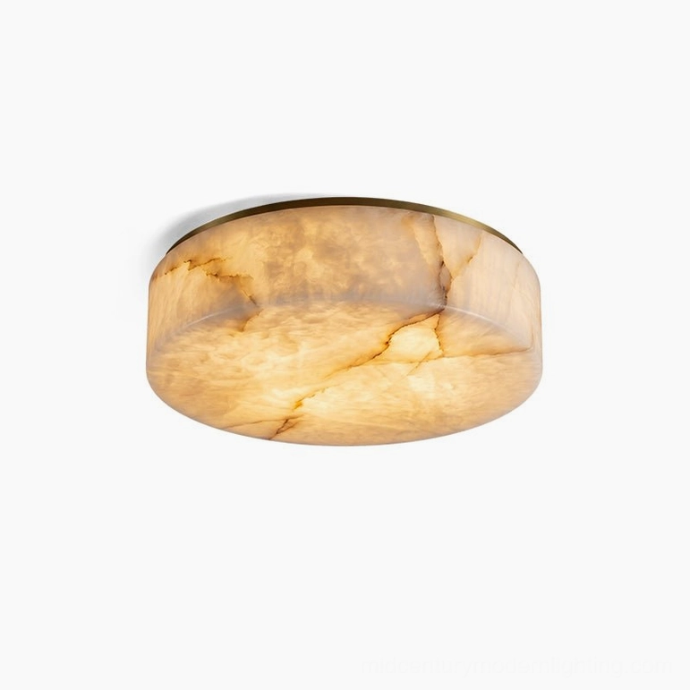 Small Carrara alabaster round flush mount ceiling light (13.8 inch diameter) with integrated warm LED and brass mounting hardware