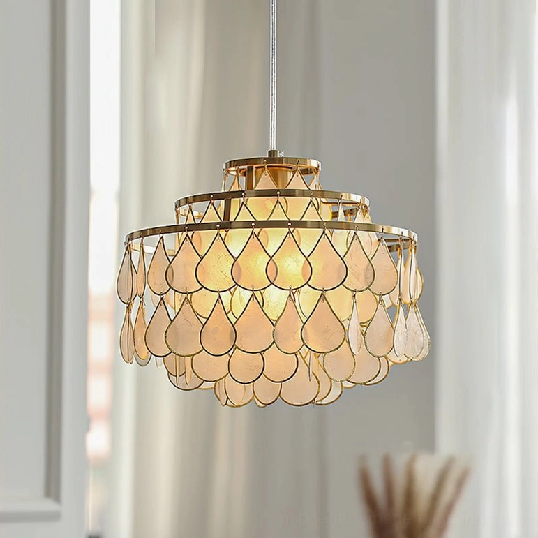 Small tiered shell pendant lamp 30cm diameter, intimate sizing perfect for bedrooms, hallways and intimate dining nooks
