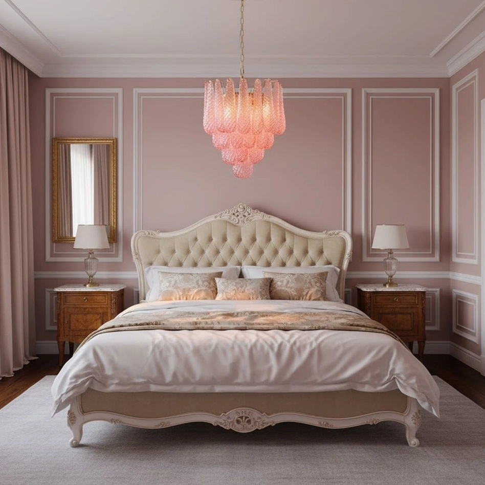 Blush pink glass chandelier in luxury neoclassical bedroom with white upholstered bed