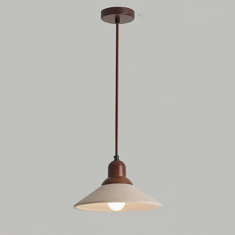 Solara travertine pendant in beige and walnut wood finish, showcasing japandi aesthetic contrast