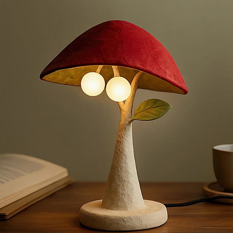 Soloma table lamp with matte red canopy and off-white resin trunk, eye-level perspective on wooden nightstand, emphasizing warm botanical sculptural form and ambient downward glow