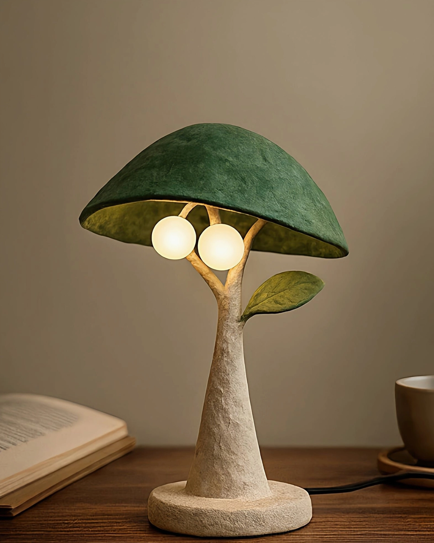 Soloma botanical table lamp with warm matte red canopy, off-white textured resin trunk, and circular base, photographed on rustic wooden nightstand