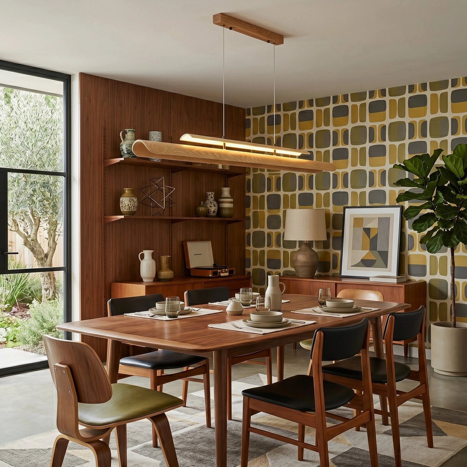 Boho mid-century modern linear pendant light eclectic dining nook