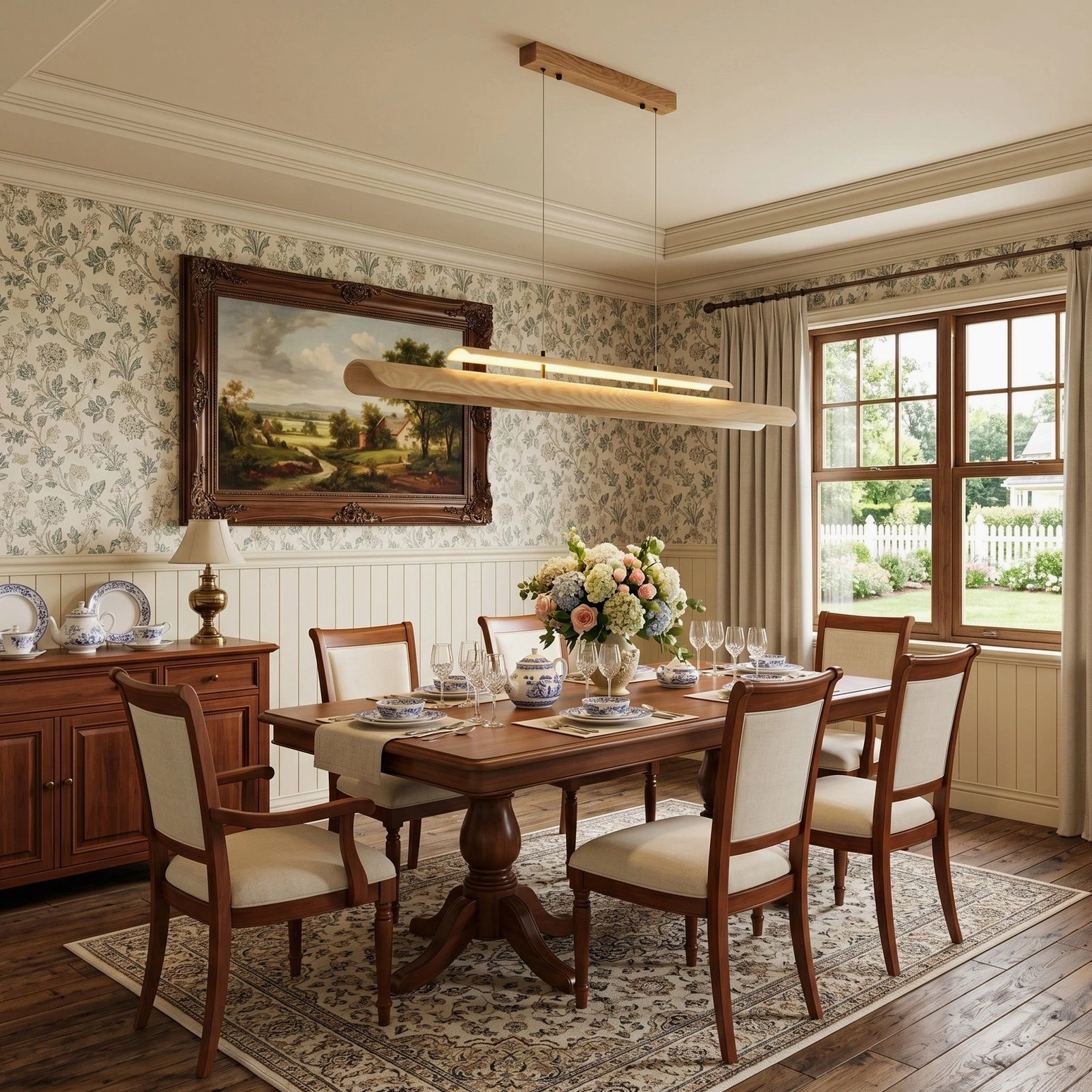 Sora linear light fixture cottage dining room with floral wallpaper
