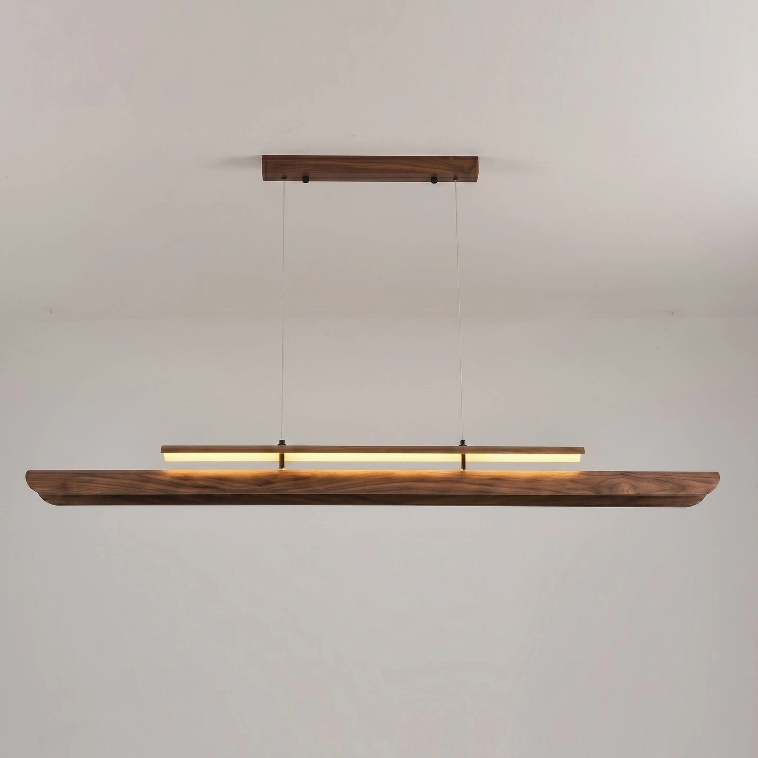 Sora linear chandelier detail shot warm wood finish side angle