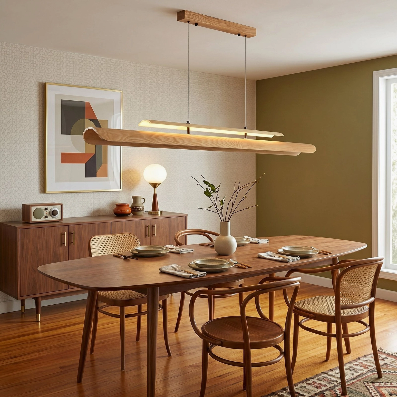 Sora wood pendant light farmhouse kitchen island warm ambiance