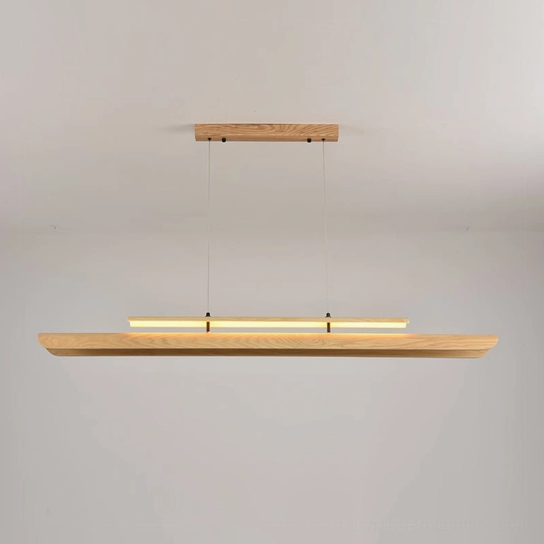 Mid-century modern linear wood pendant light kitchen island setup