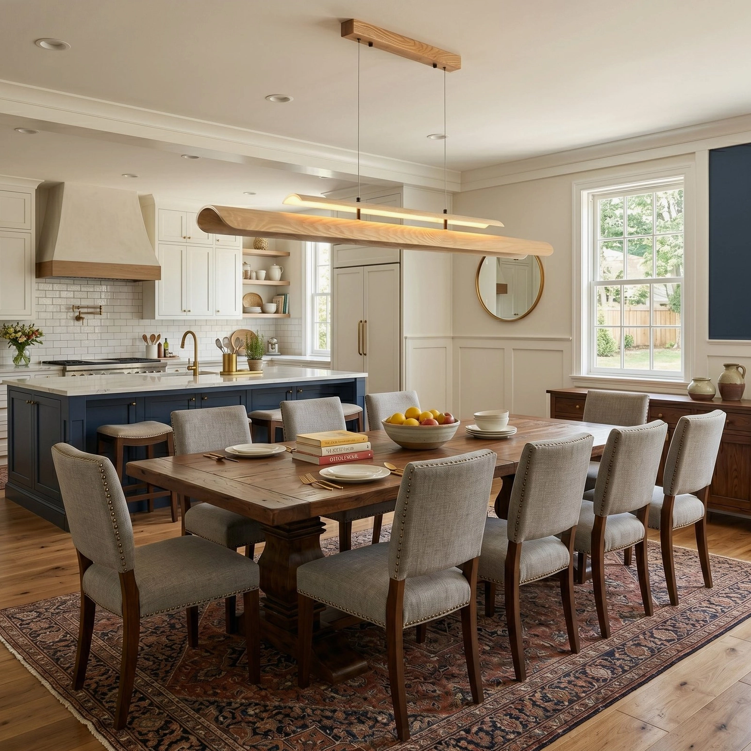 Modern farmhouse kitchen linear wood chandelier minimalist bright space