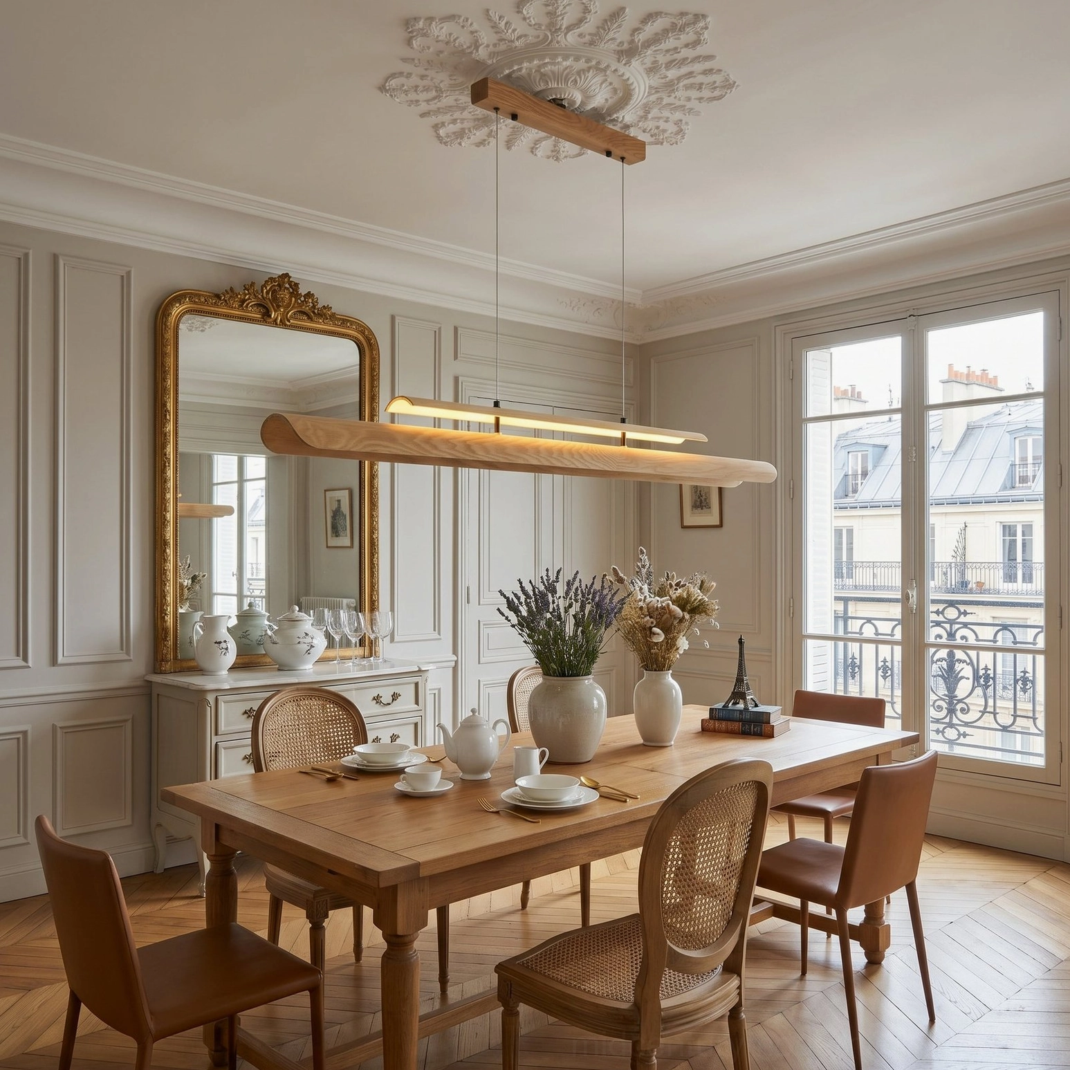 Linear wood chandelier neoclassical dining space with vintage mirror