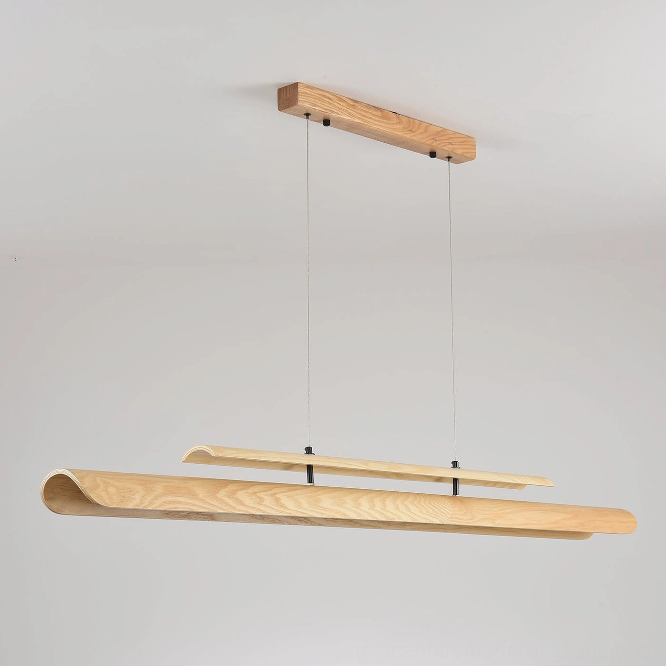 Linear hardwood chandelier suspended view architectural proportions