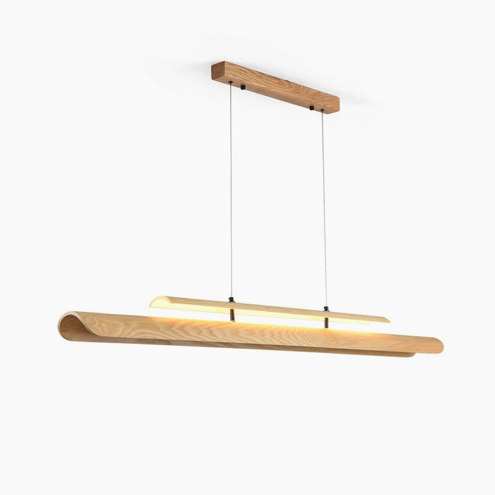 Sora linear chandelier overhead studio shot minimalist wood pendant light