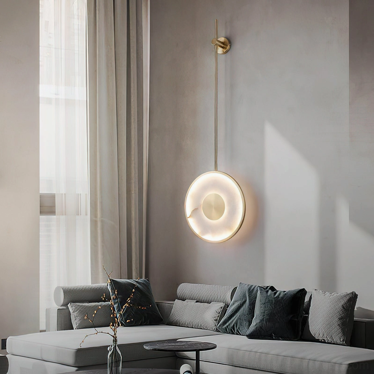 Sorle wall lamp installed in modern luxury living room, glowing warm ambient light with sofa and contemporary decor