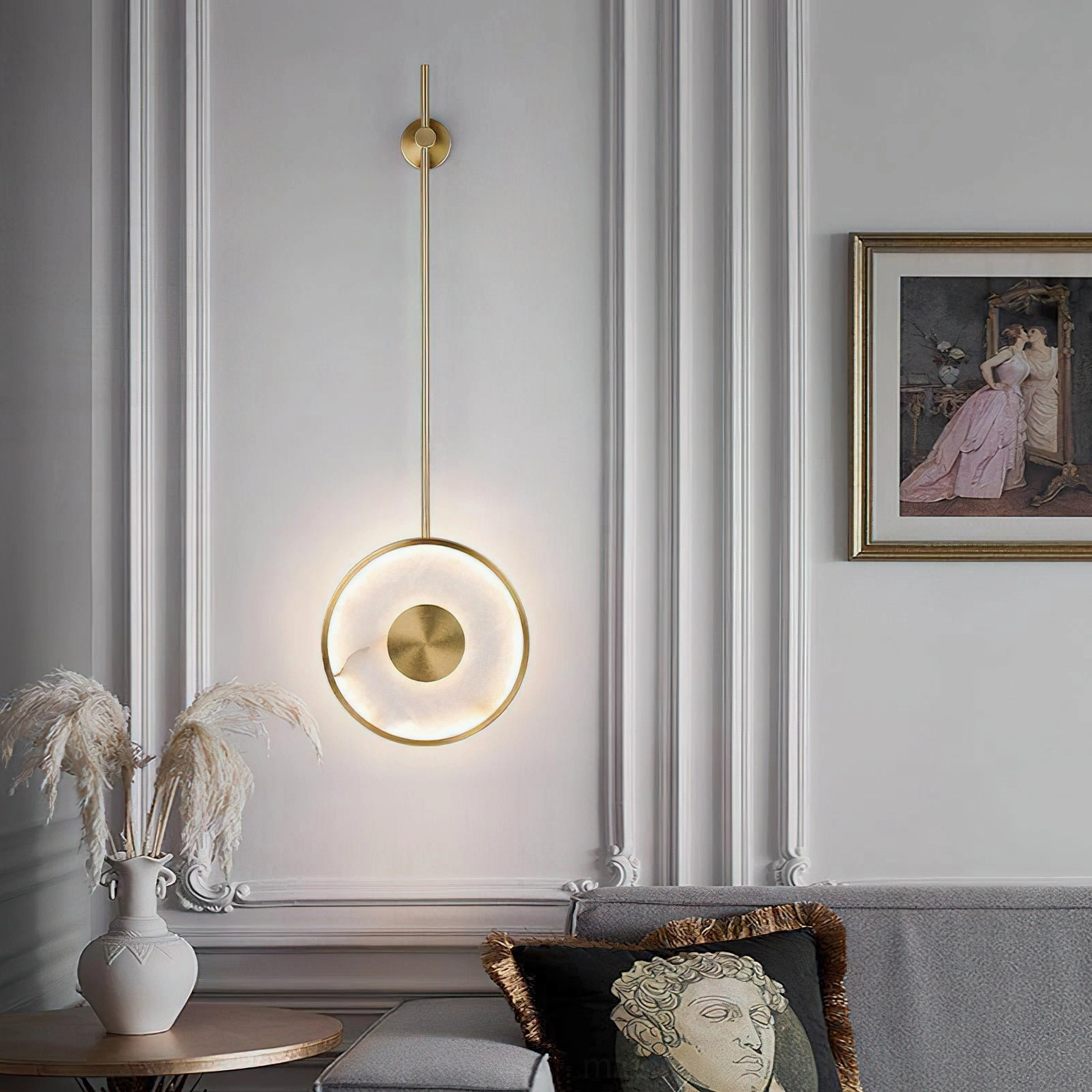 Sorle lamp in classic elegant interior setting beside wall art, demonstrating eye-level mounting and sculptural impact