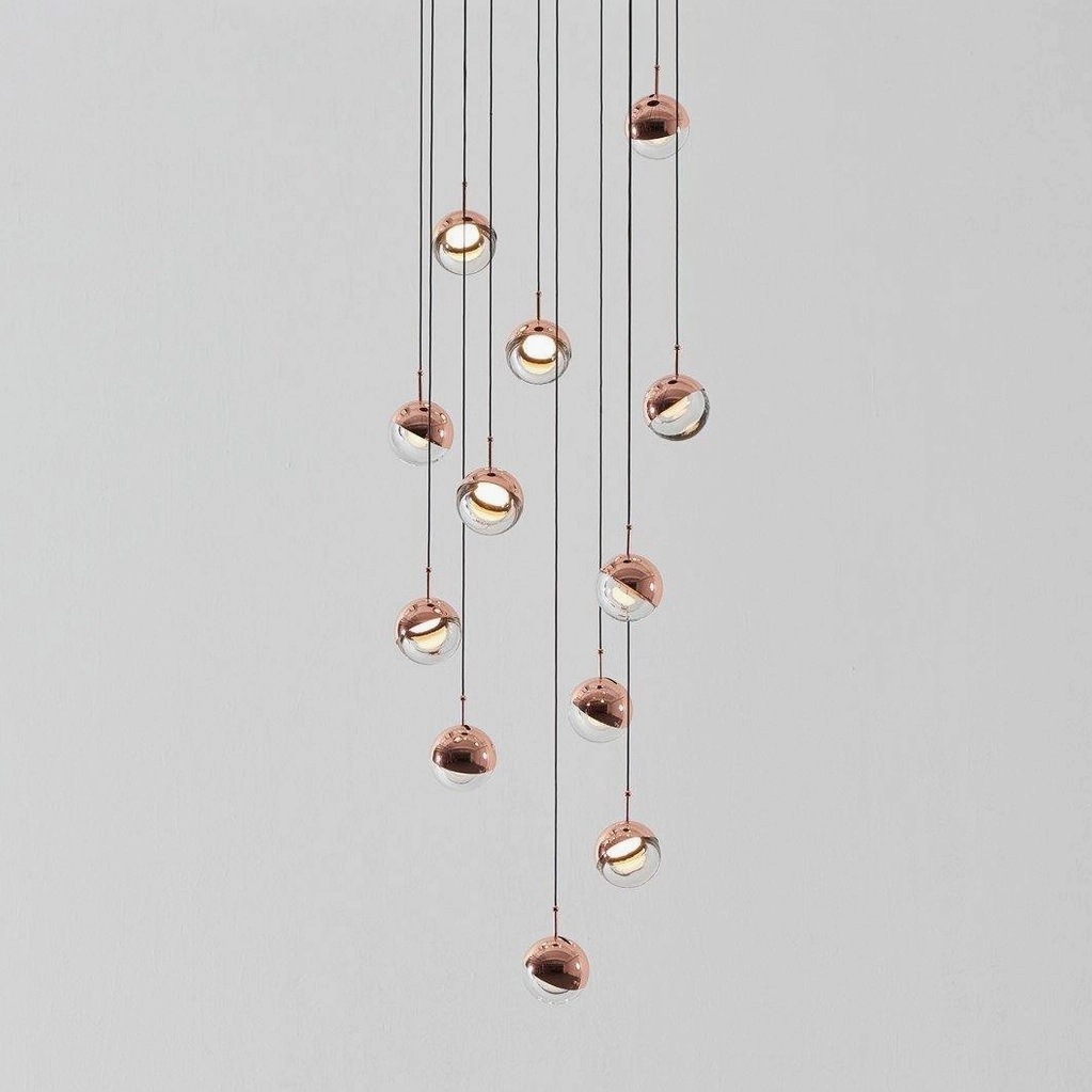 Spherical glass pendant chandelier modern mid-century lighting fixture product design showcase