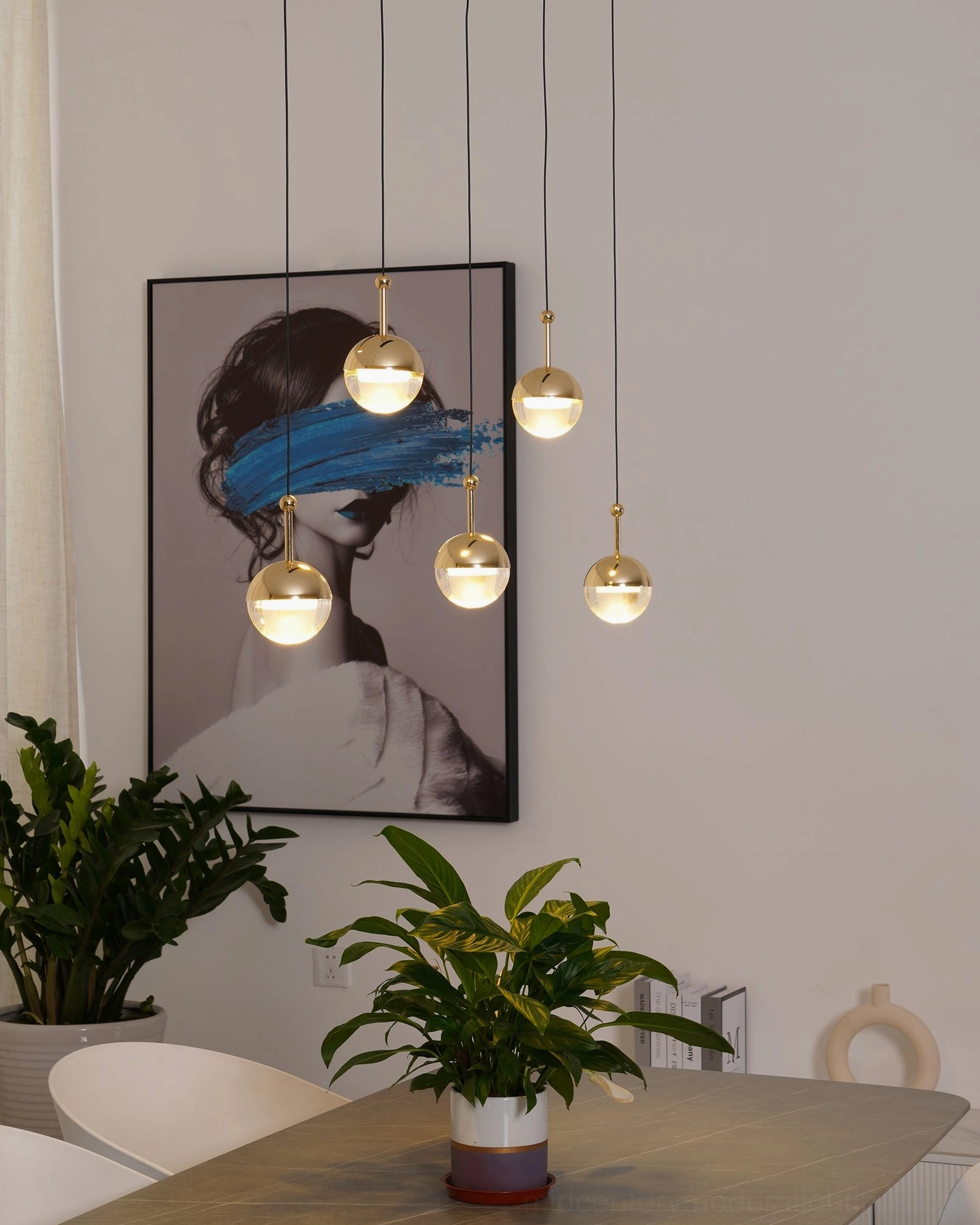 Spherical glass pendant chandelier modern mid-century minimalist hanging light fixture detail view