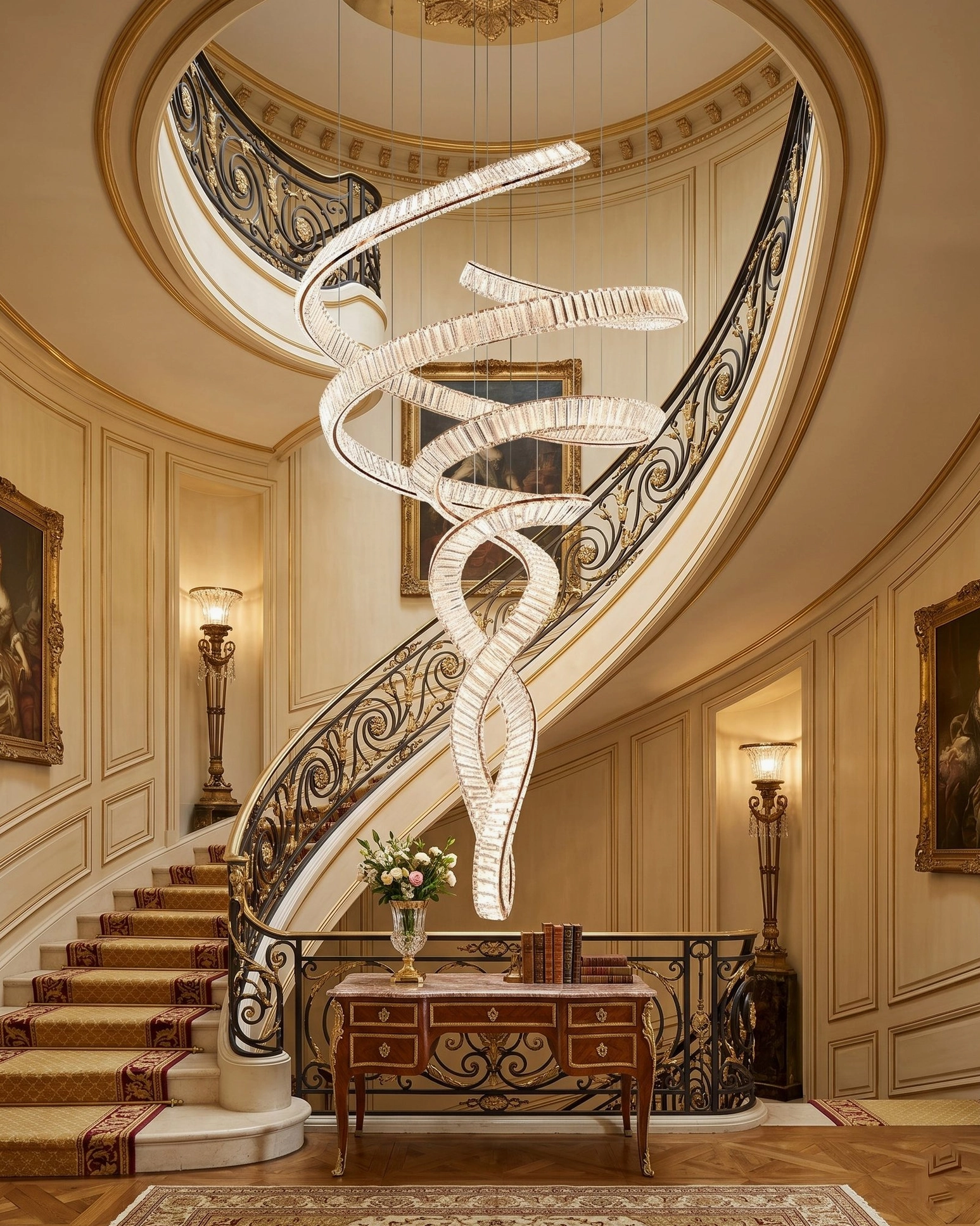 Modern spiral crystal chandelier installed in luxury duplex foyer above dark wooden staircase with metal railings, warm ambient lighting