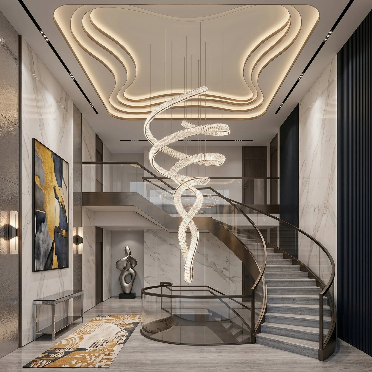 Overhead view of spiral crystal staircase chandelier in luxury lobby, curved ceiling, marble walls and contemporary art installation