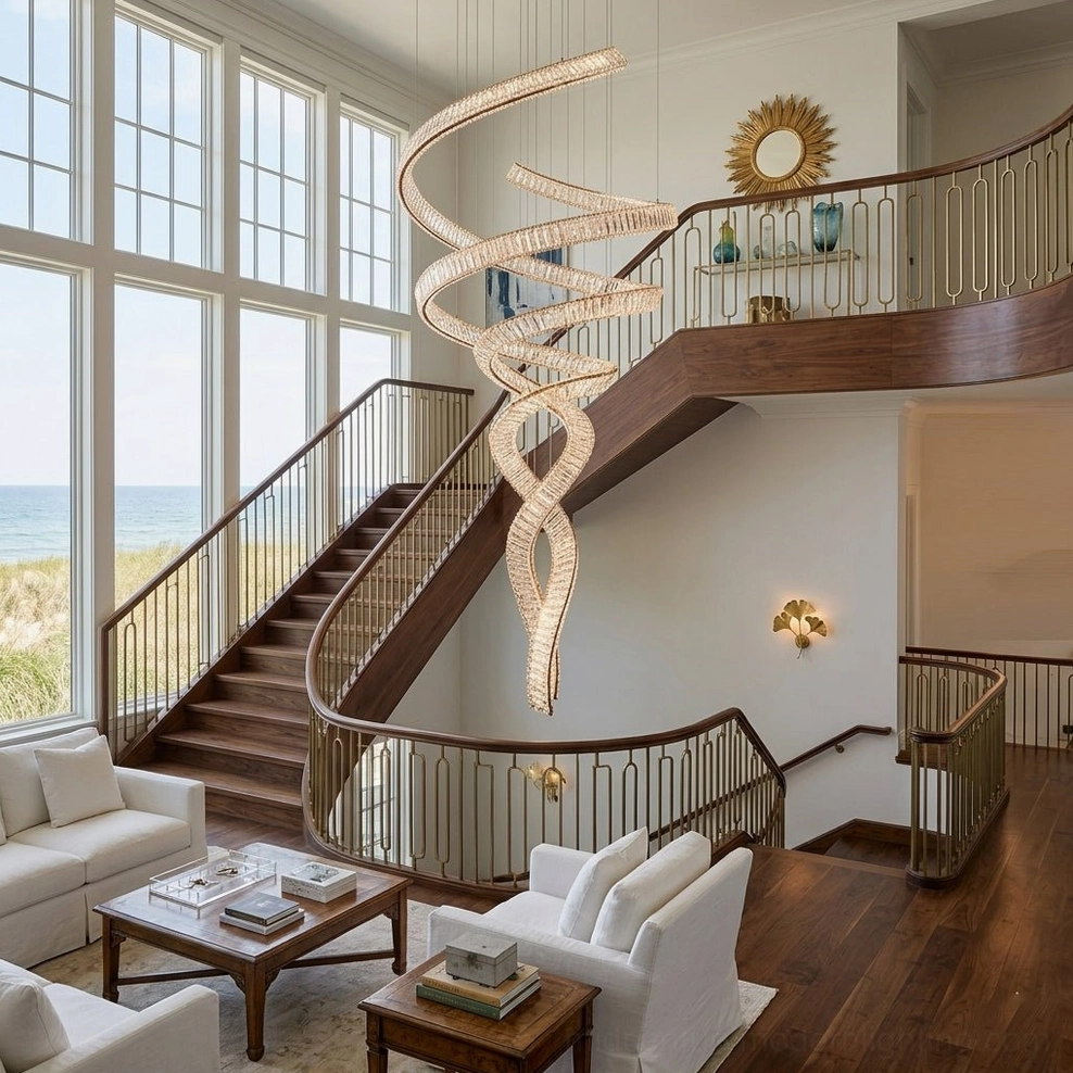 Spiral crystal staircase chandelier in classical European marble staircase hall, white marble steps and paneled interior walls, luxury residential
