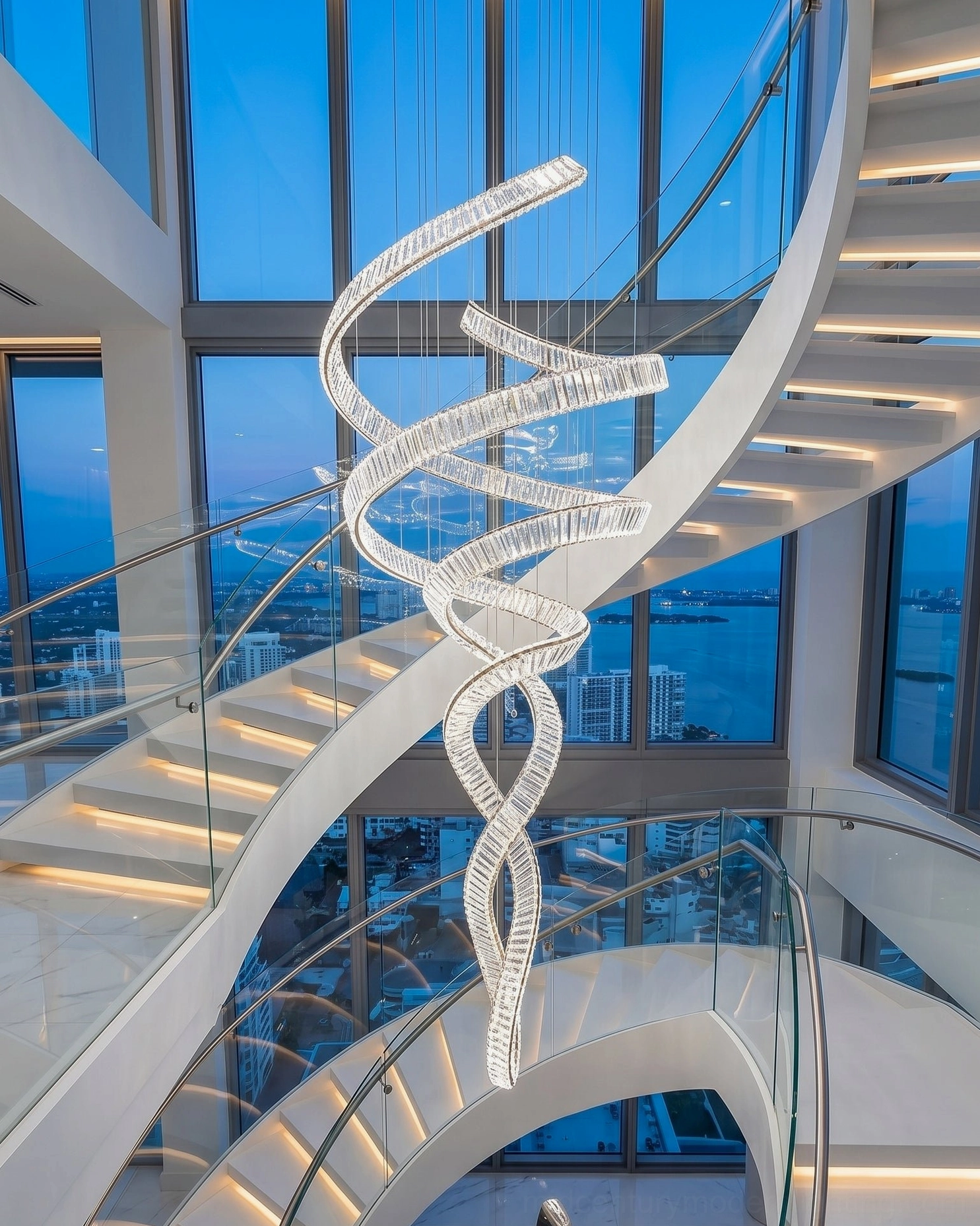 Spiral crystal chandelier in modern seaside apartment, glass railing staircase with floor-to-ceiling ocean windows, contemporary luxury design