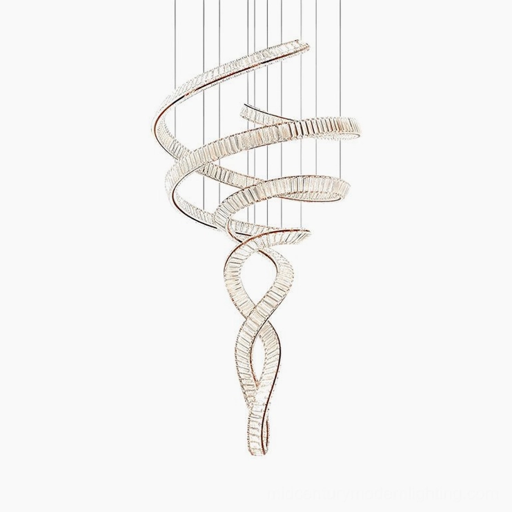 Spiral crystal staircase chandelier all sizes, geometric ribbon design available in four configurations for residential and commercial spaces