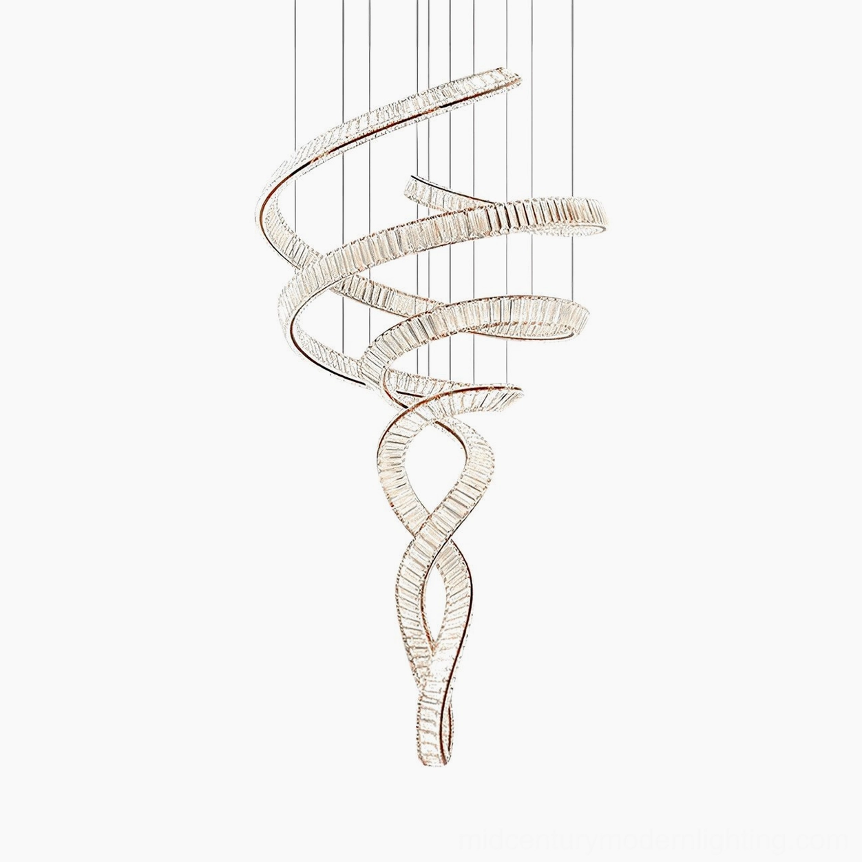 Spiral crystal staircase chandelier front view, stainless steel frame with clear crystal facets, geometric twisted ribbon design