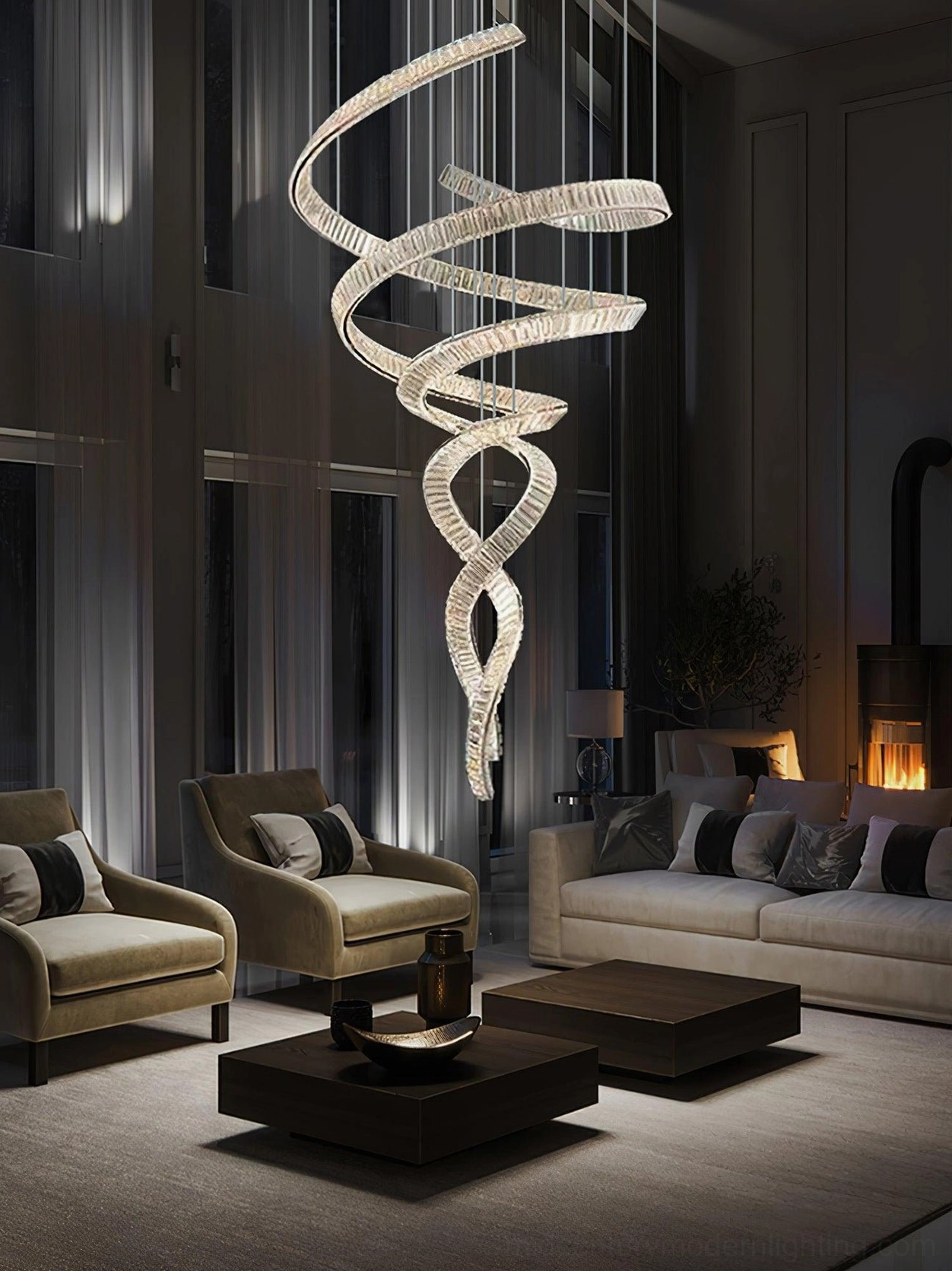 Spiral crystal staircase chandelier mid-century modern design, twisted helix form with clear crystal and stainless steel construction