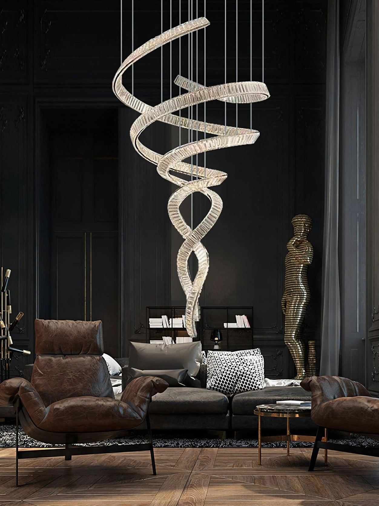 Spiral crystal staircase chandelier side perspective, continuous geometric ribbon with clear faceted crystals, luxury lighting fixture