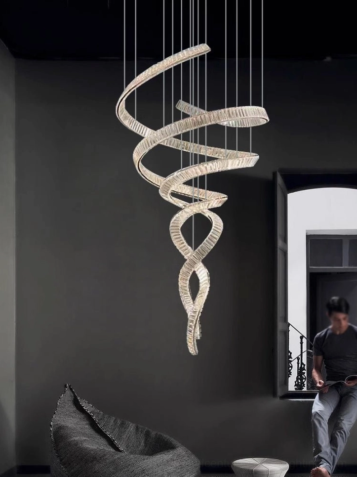 Spiral crystal staircase chandelier with warm integrated LED, twisting ribbon structure with crystal light refraction