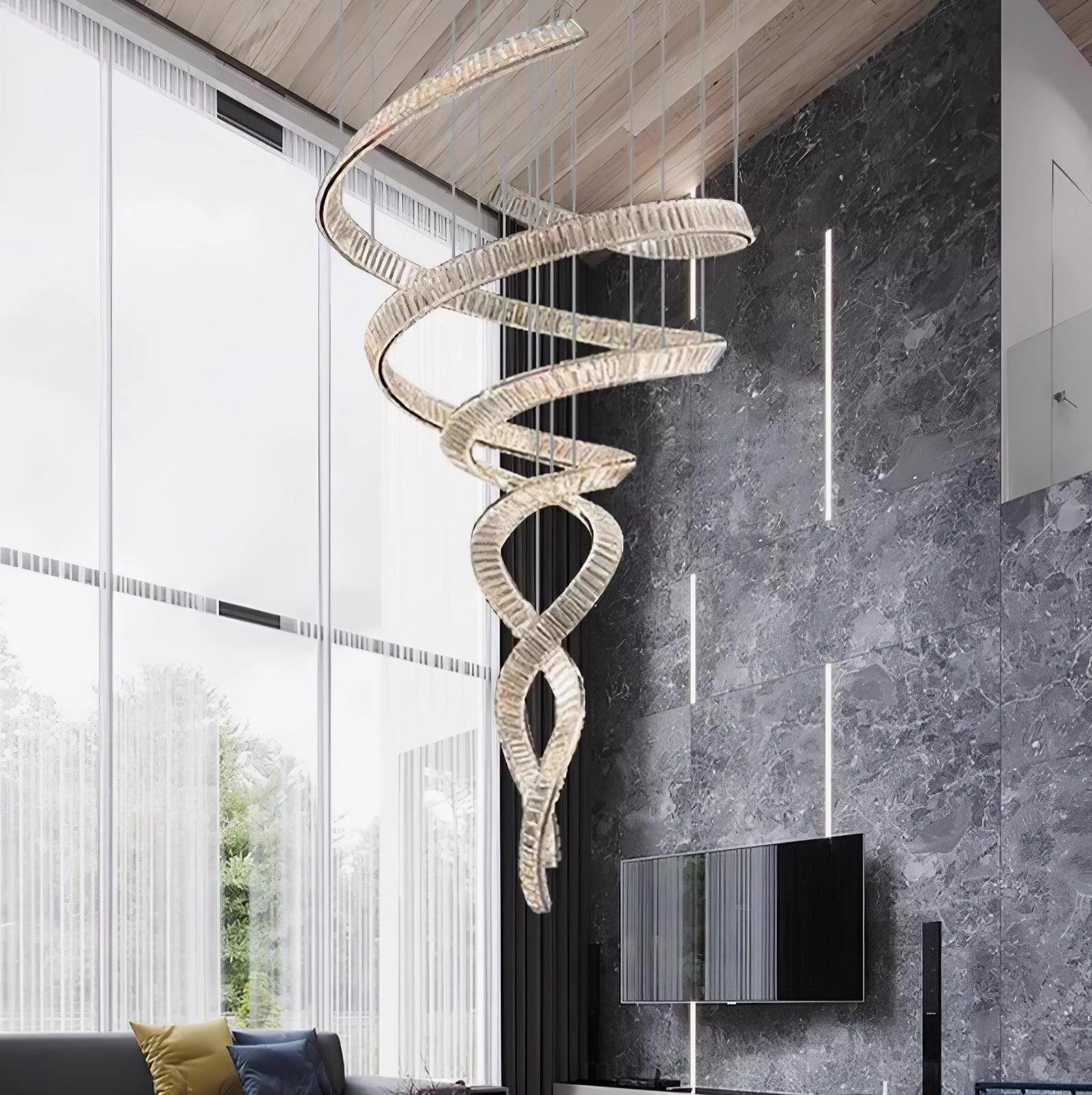 Spiral ribbon crystal chandelier architectural lighting detail, geometric helix form with refracted light on surrounding walls