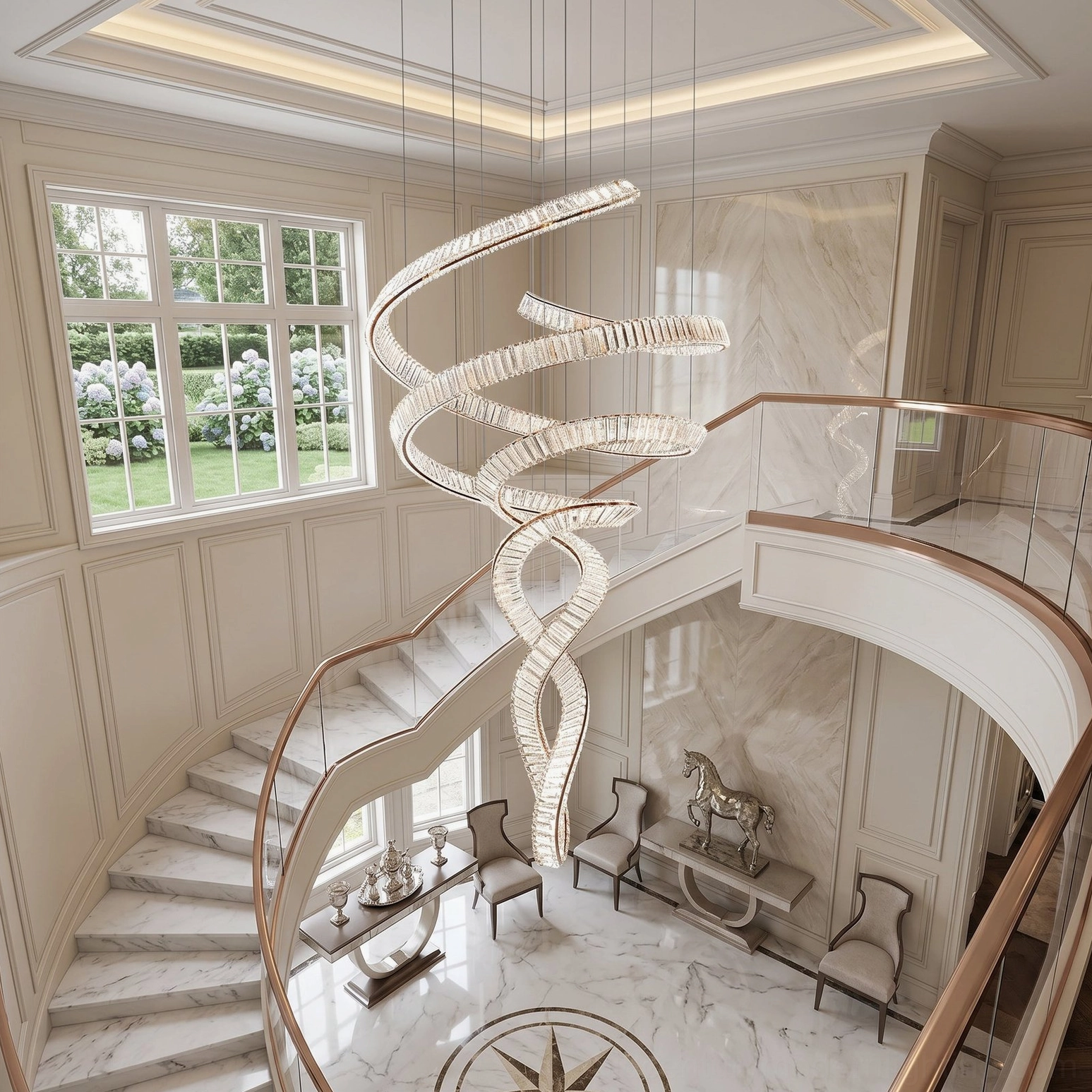 Close-up side view of spiral crystal ribbon chandelier, twisted double helix design with clear crystal strips, warm accent lighting detail
