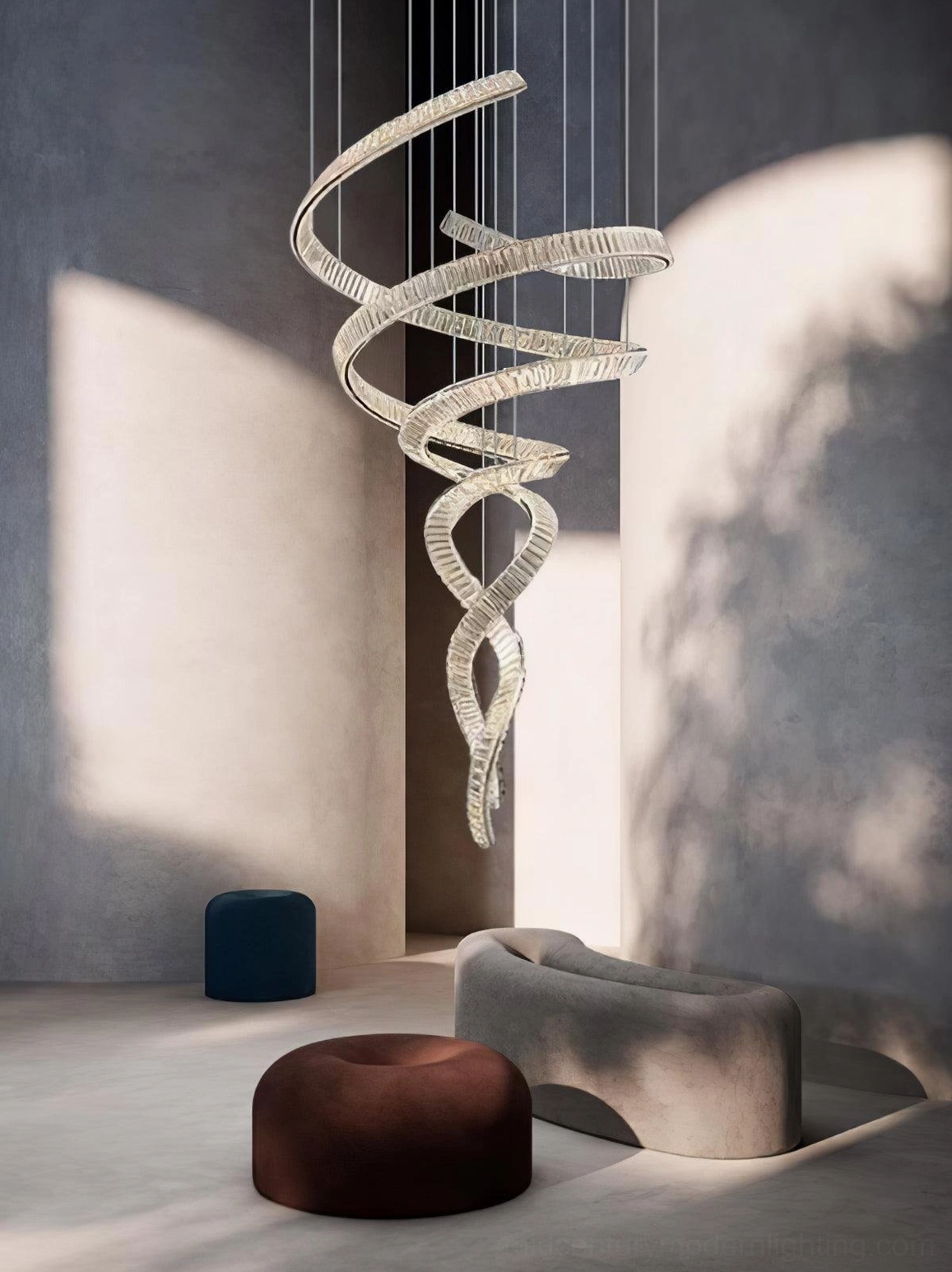 Spiral ribbon crystal chandelier in grand foyer, stainless steel frame with cascading crystal segments, architectural lighting statement