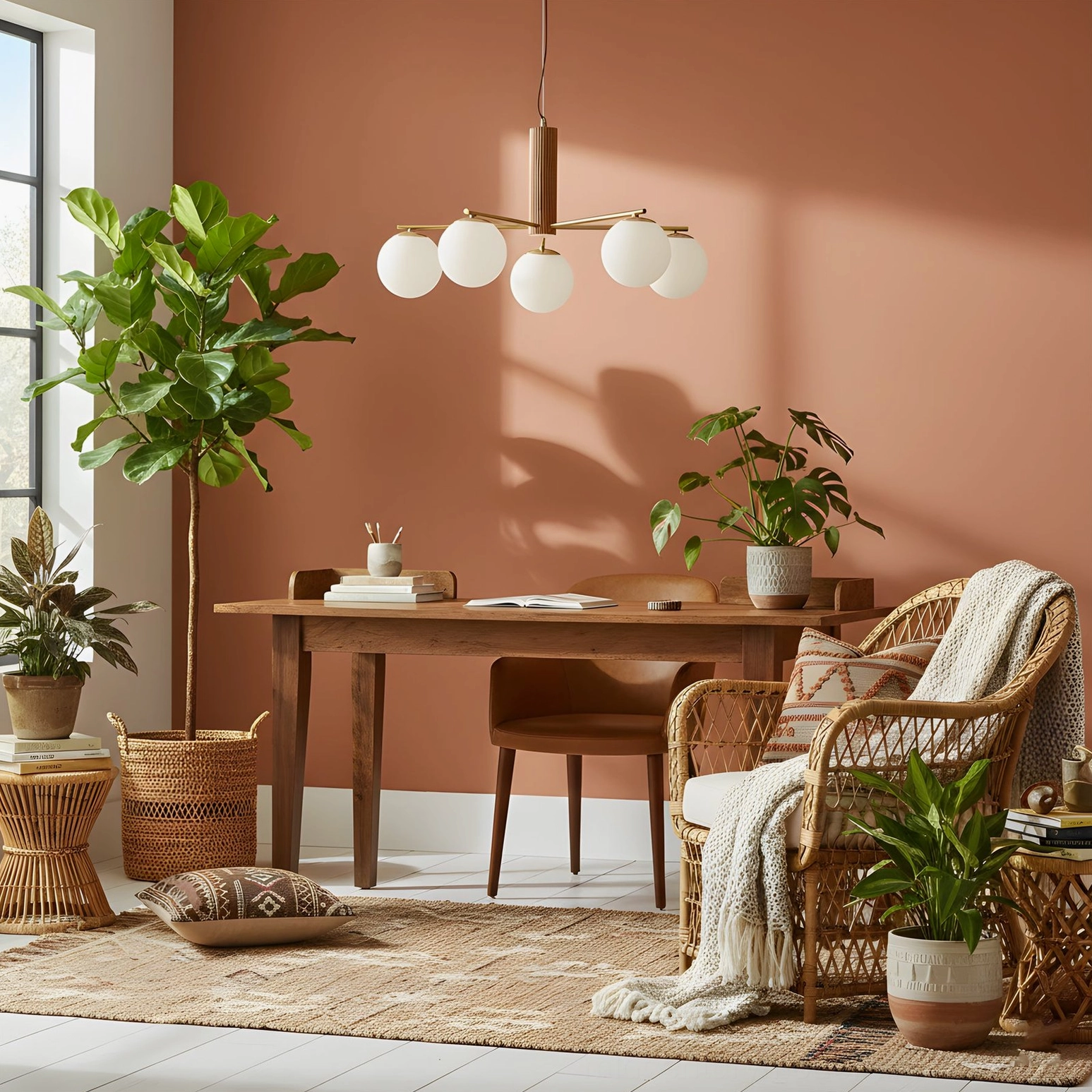 Boho mid-century dining area with sputnik chandelier above wooden table and terracotta accent wall