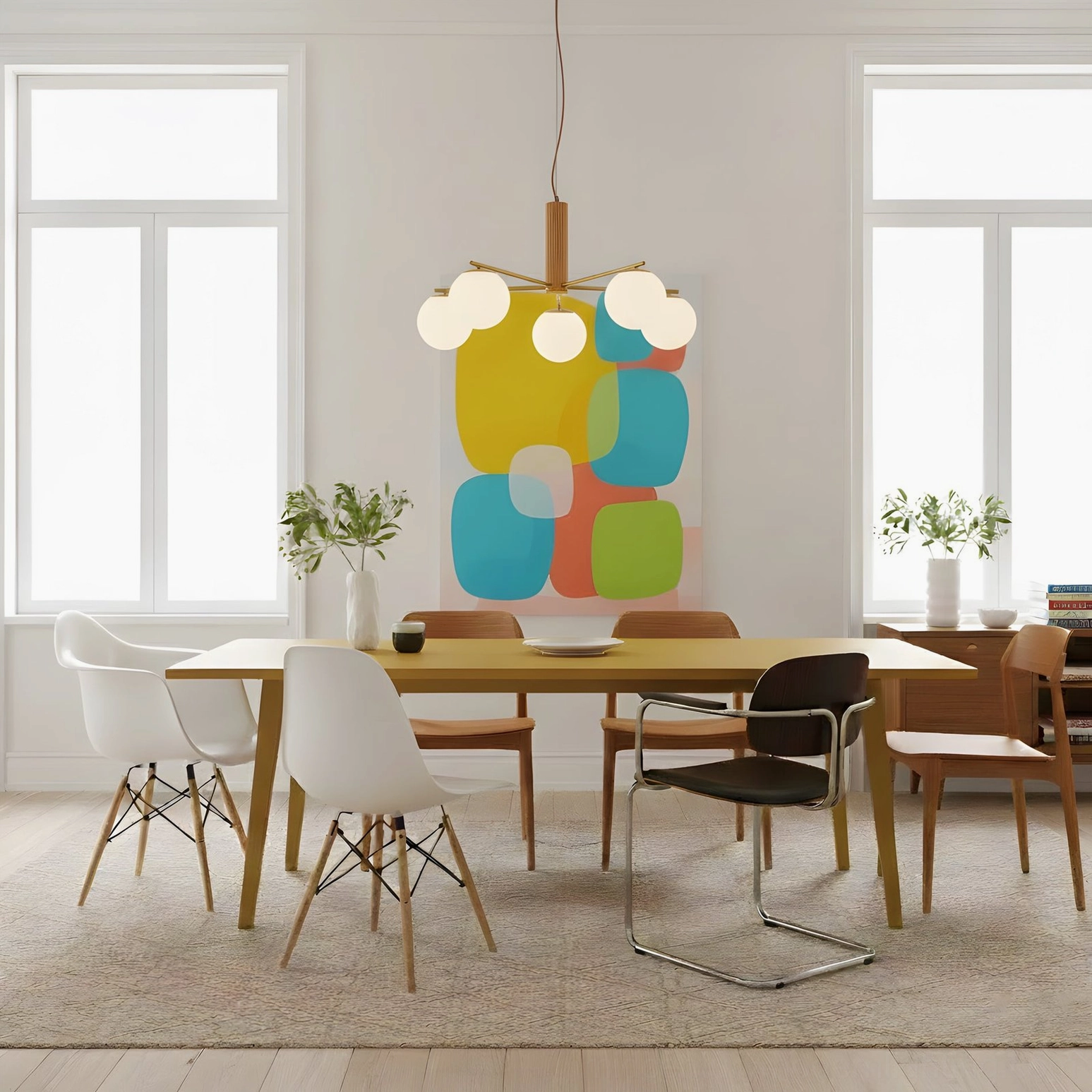 Modern sputnik ceiling light in minimalist bright dining room with Eames-style chairs and abstract art
