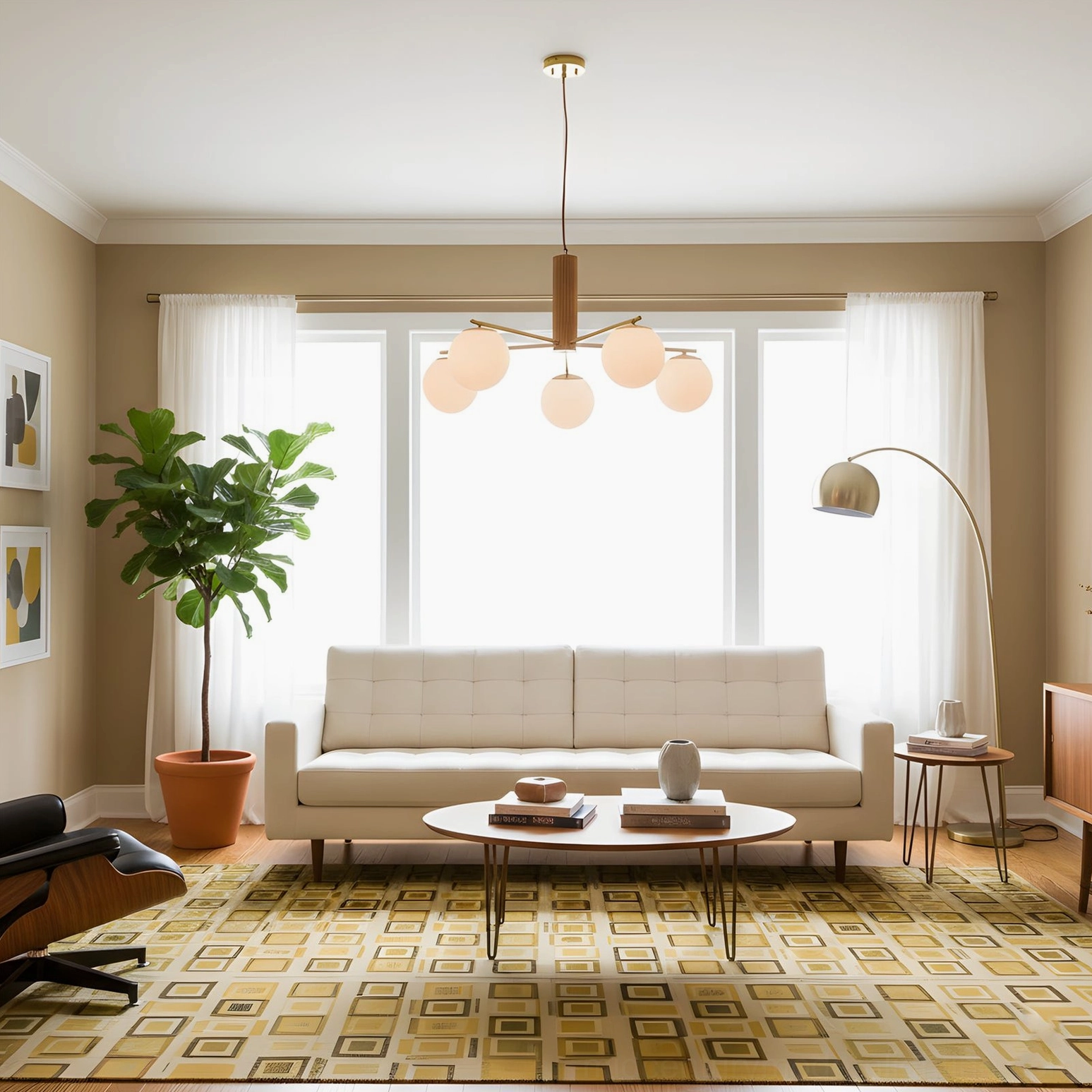 Sputnik pendant light in bright dining-living combo space with beige linen sofa and geometric area rug