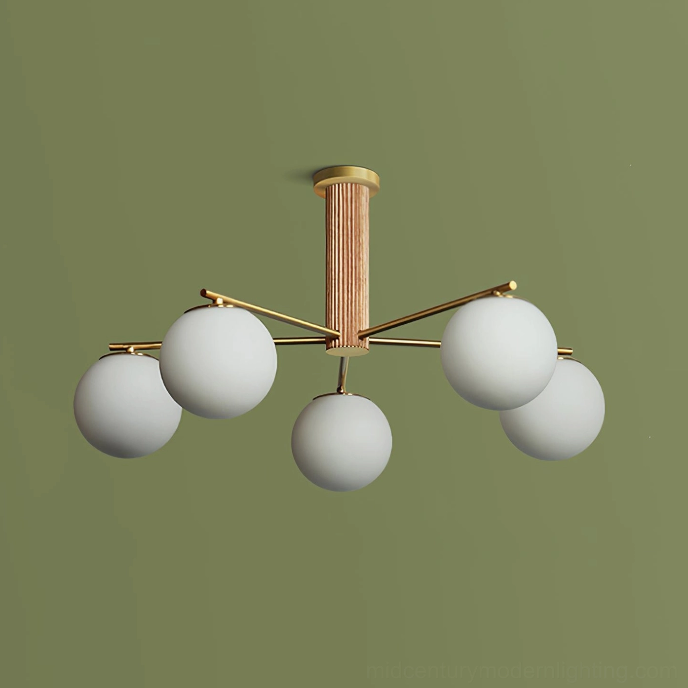 Macy sputnik chandelier illuminated in interior space showing warm frosted glass light diffusion