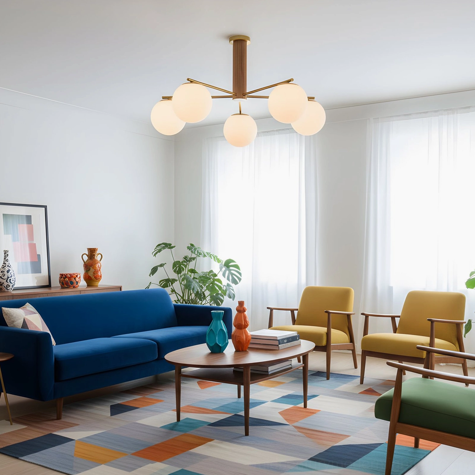 Vibrant mid-century living room with sputnik chandelier above blue velvet sofa and geometric rug
