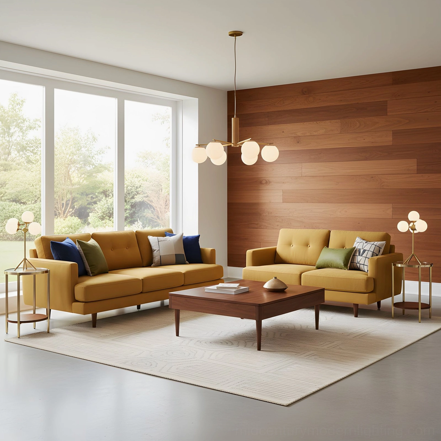 Sputnik chandelier in warm living room with mustard yellow sofas wood accent wall and natural light