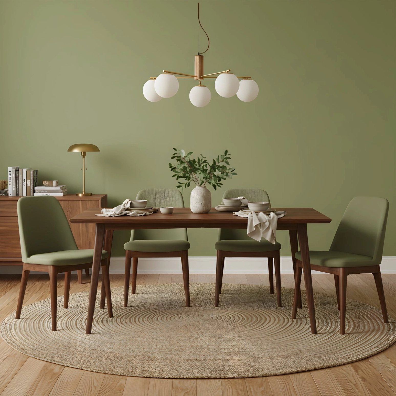 Sputnik chandelier in warm sage green dining room with wooden table and green upholstered chairs