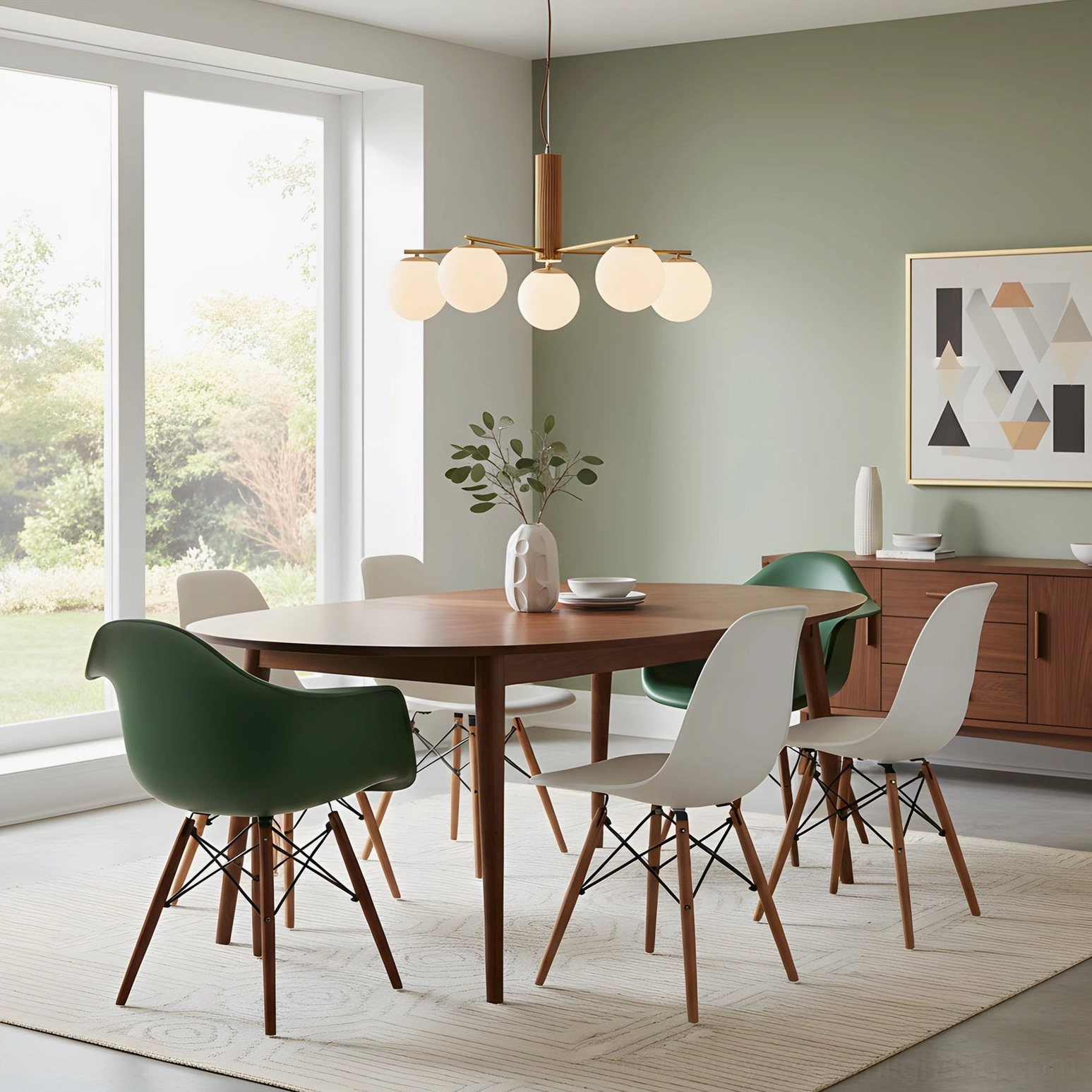 Mid-century sputnik pendant in sage green wall dining space with mixed modern and dark green chairs