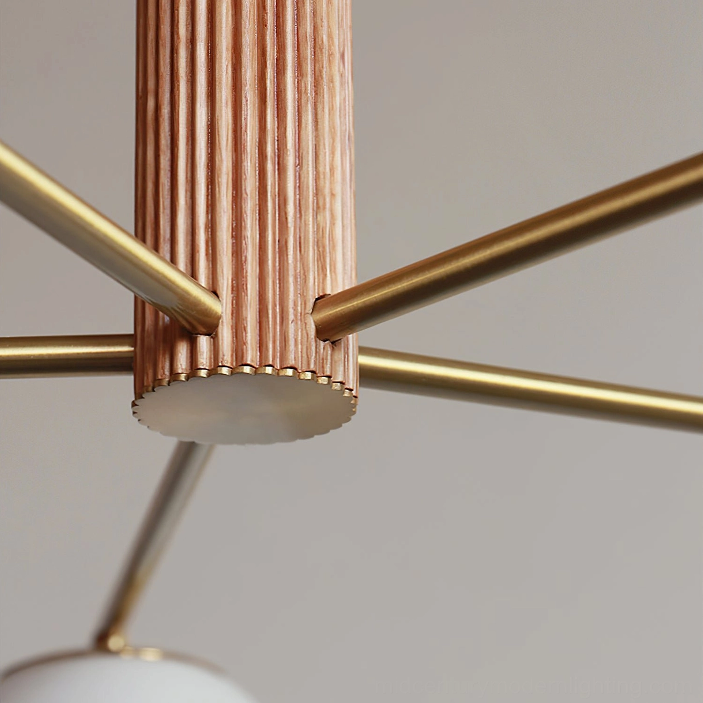 Macy sputnik chandelier side profile view showing proportions and brass wood construction