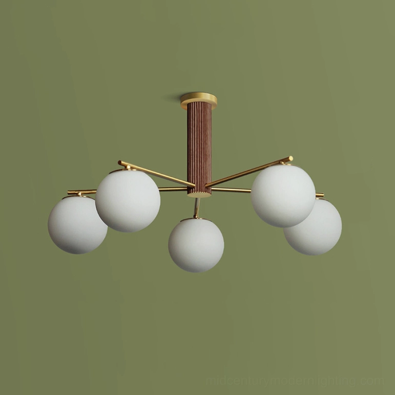 Sputnik chandelier walnut color variant installed in contemporary interior space