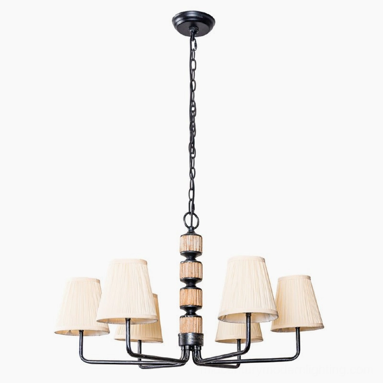 Stacey 6-arm black finish chandelier elegant mid-century modern design with metal frame and soft pleated shade lighting