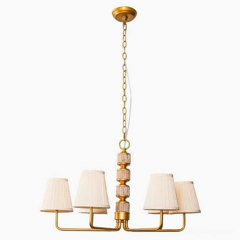 Stacey 6-arm gold finish chandelier showcase featuring brass metalwork, wooden accents and off-white pleated fabric shades