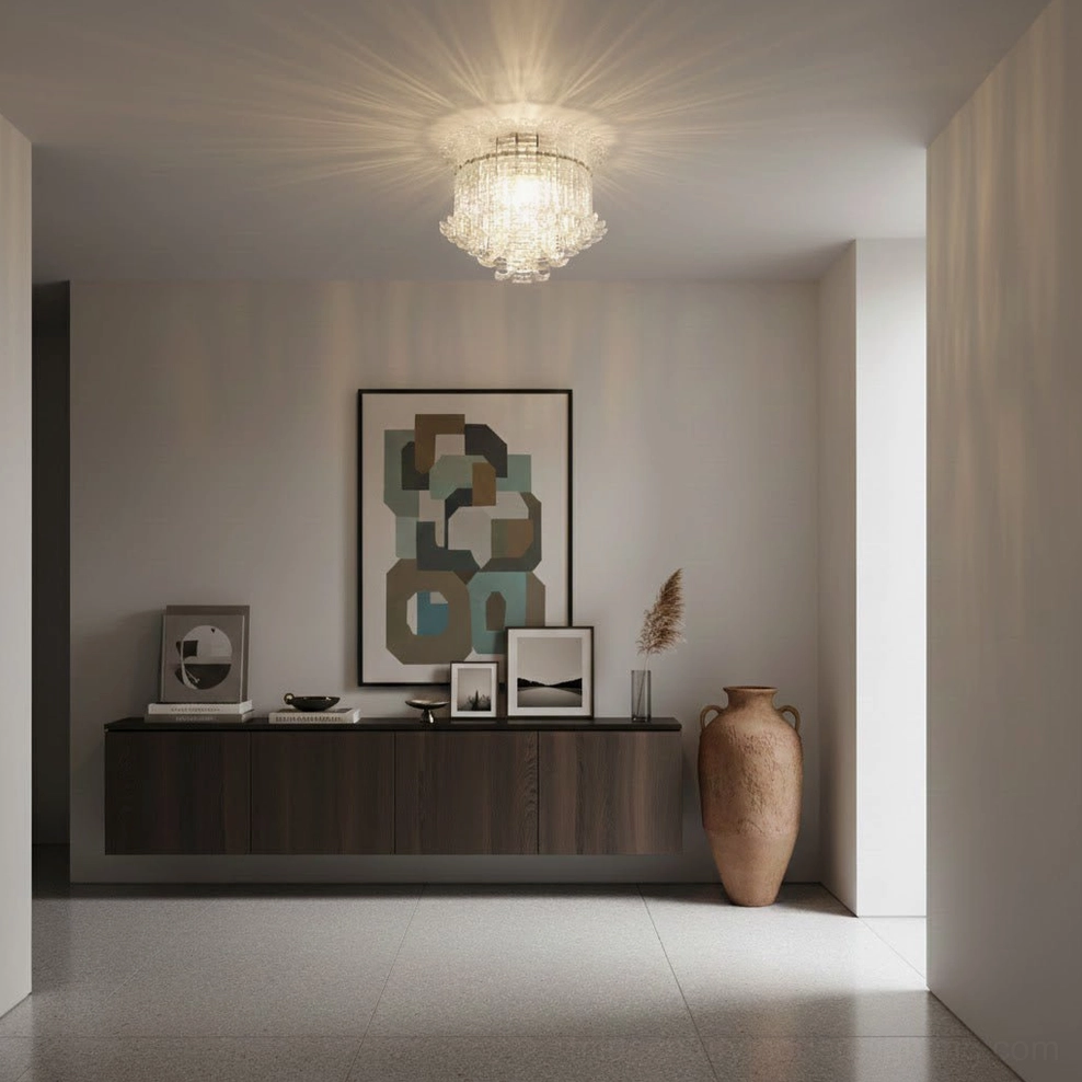 Round stacked crystal flush mount ceiling light, neutral hallway perspective, soft ambient glow, modern design