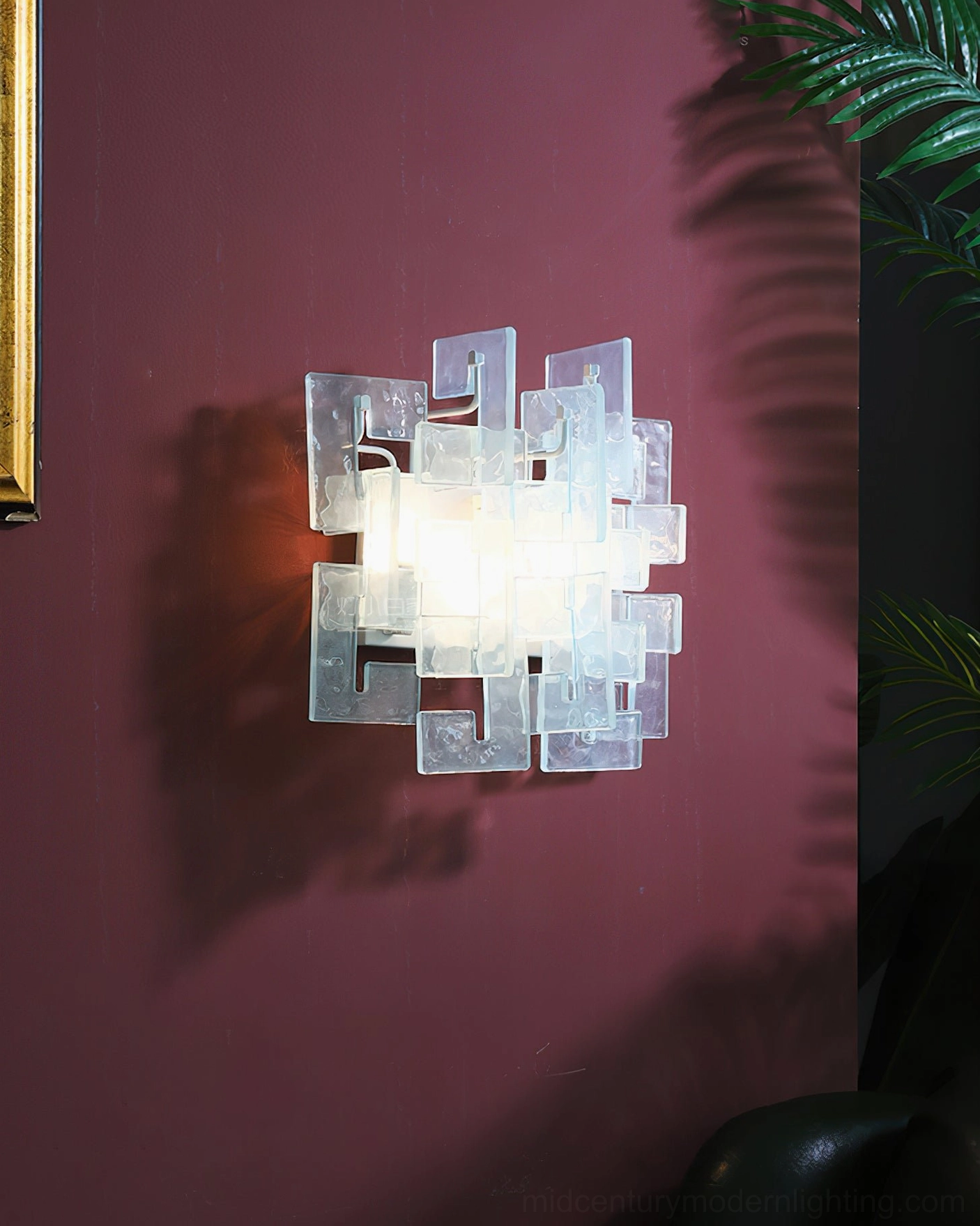 Stagger cast glass sconce clear glass variant side mounted burgundy wall gilt frame interior